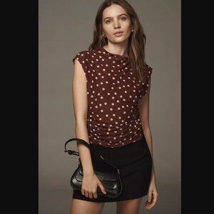Anthropologie Maeve Brown Polka Dot Mock-Neck Mesh Muscle Top S